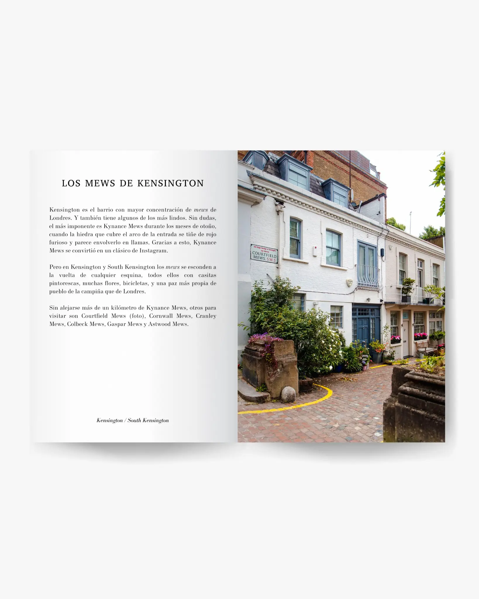 Páginas interiores de la guía dedicadas a los mews de Kensington